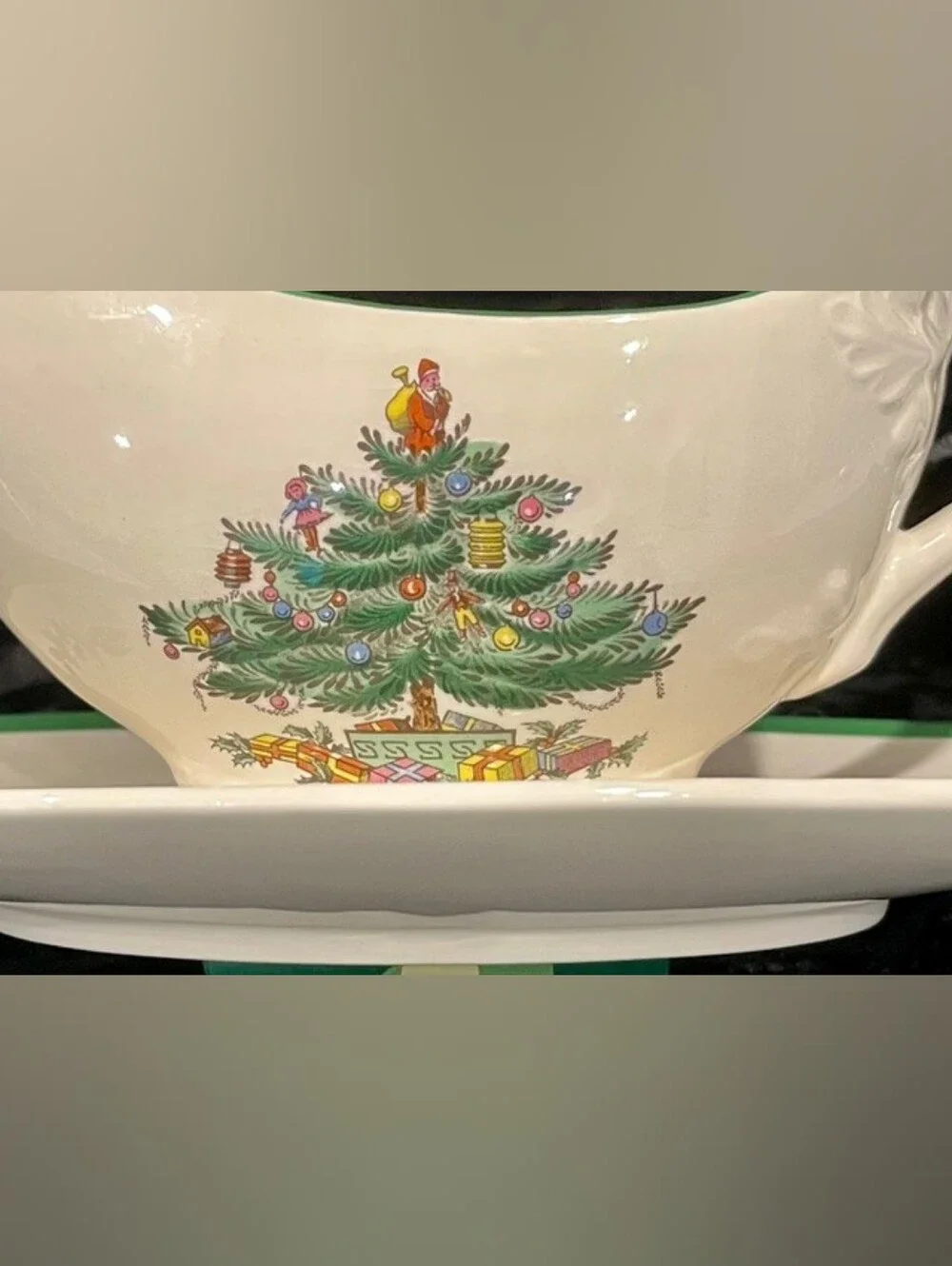 Vintage 1976 Spode Christmas Tree Gravy Boat Attached Stand Made In England EUC